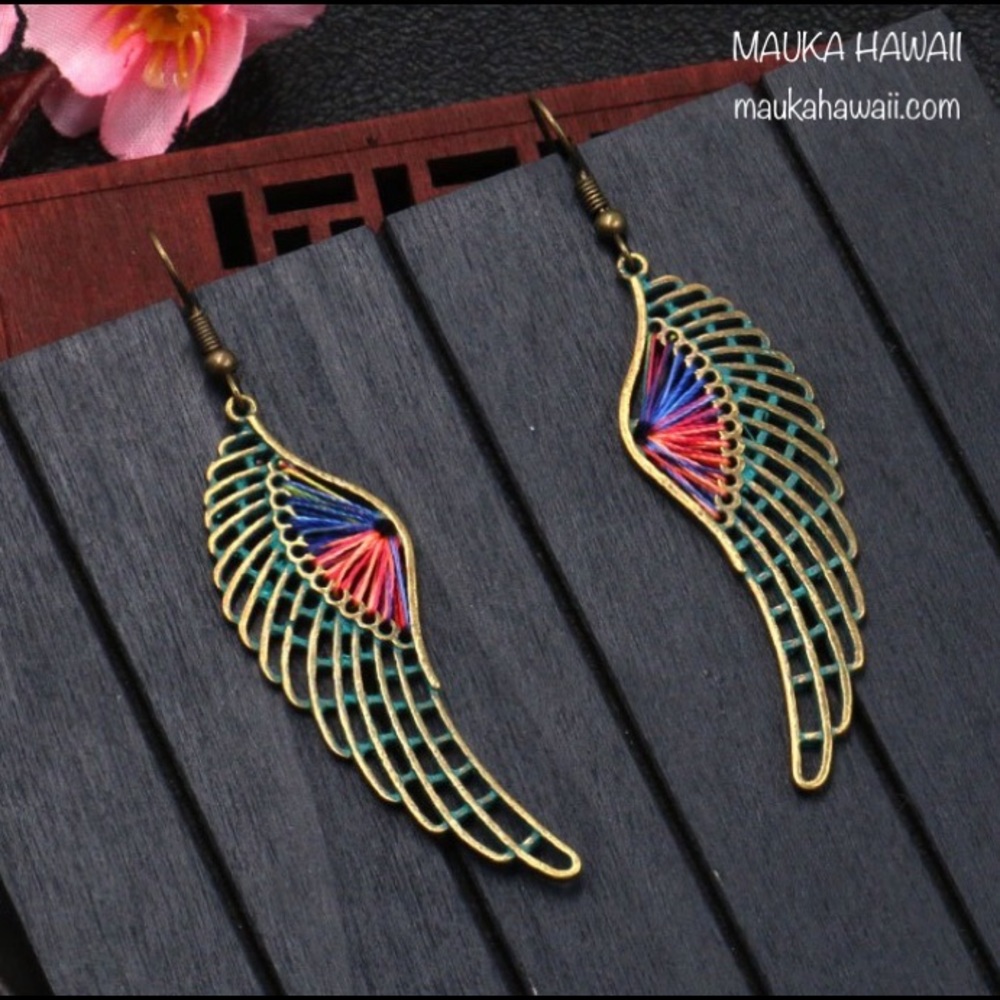 Angel Bird Wing Dangle Earrings Copper Bronze Exterior Colorful Macrame Thread